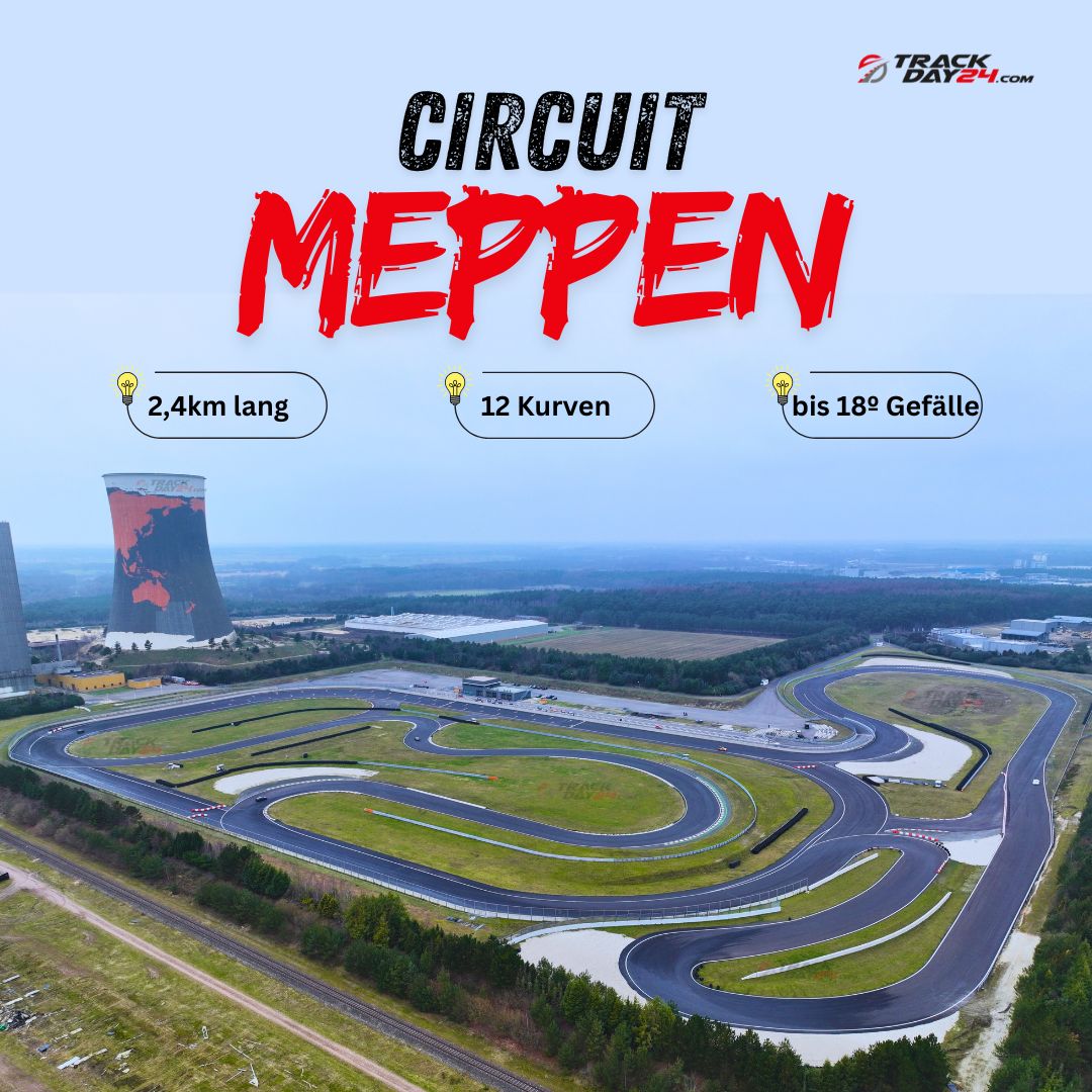 Rennstrecke Circuit Meppen Luftaufnahme 2,4 km Driftstrecke mit 12 Kurven und bis zu 18 Grad Gefälle für freies Driften bei Trackday24