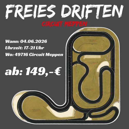 Freies Driften auf der Rennstrecke Meppen Circuit Meppen am 04.06.2026 von 17 bis 21 Uhr. Drifttraining und Driftkurs für Fortgeschrittene mit Open Pitlane ab 149 Euro. Veranstalter Trackday24.