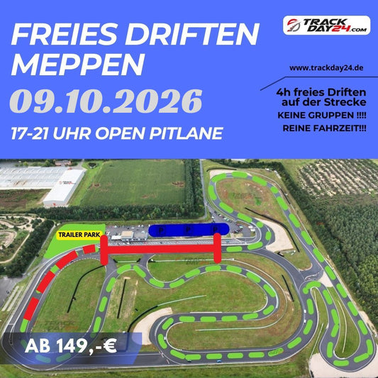 Freies Driften Rennstrecke Meppen 09.10.2026 – Open Pitlane Event mit Streckenplan, 17-21 Uhr, ab 149 Euro bei Trackday24