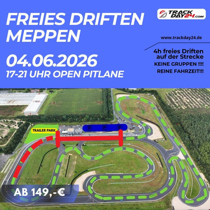 Trackday24 Drifttraining auf dem Circuit Meppen mit eingezeichnetem Driftkurs auf der bewässerten Driftfläche vor dem bekannten Kühlturm der Rennstrecke Meppen. Teilnehmer fahren kontrollierte Drifts mit Sportwagen und Driftfahrzeugen auf nasser Strecke. Freies Driften in Meppen ab 149 Euro beim Drifttraining auf dem Circuit Meppen.