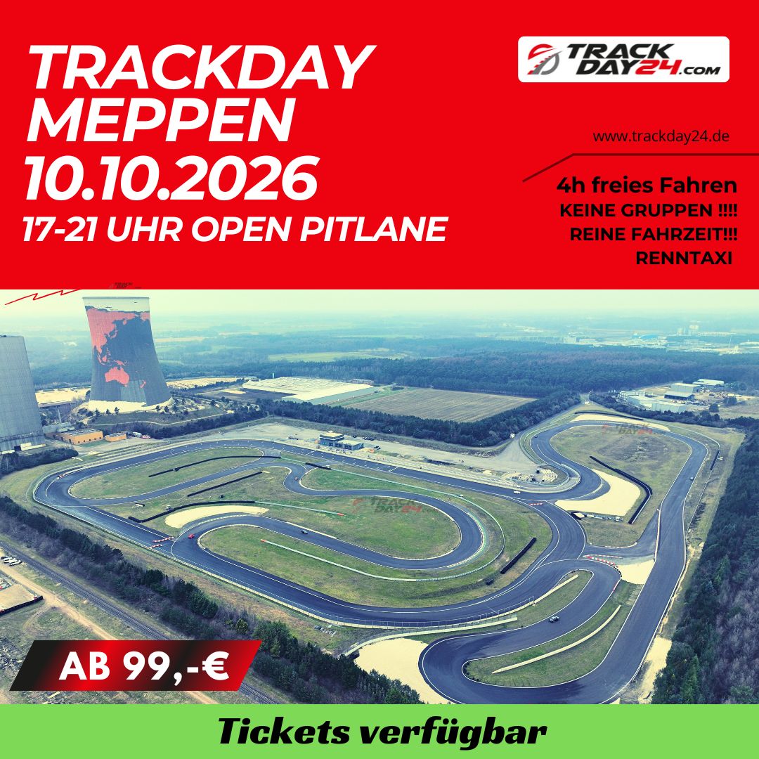 Trackday Meppen am 10.10.2026 von 17 bis 21 Uhr Open Pitlane auf dem Circuit Meppen, Luftaufnahme der kompletten Rennstrecke mit Streckenverlauf und Kurven, Motorsport Event von Trackday24, freie Fahrzeit ohne Gruppen, nur noch Tickets verfügbar für ambitionierte Fahrer und Trackday Teilnehmer in Deutschland