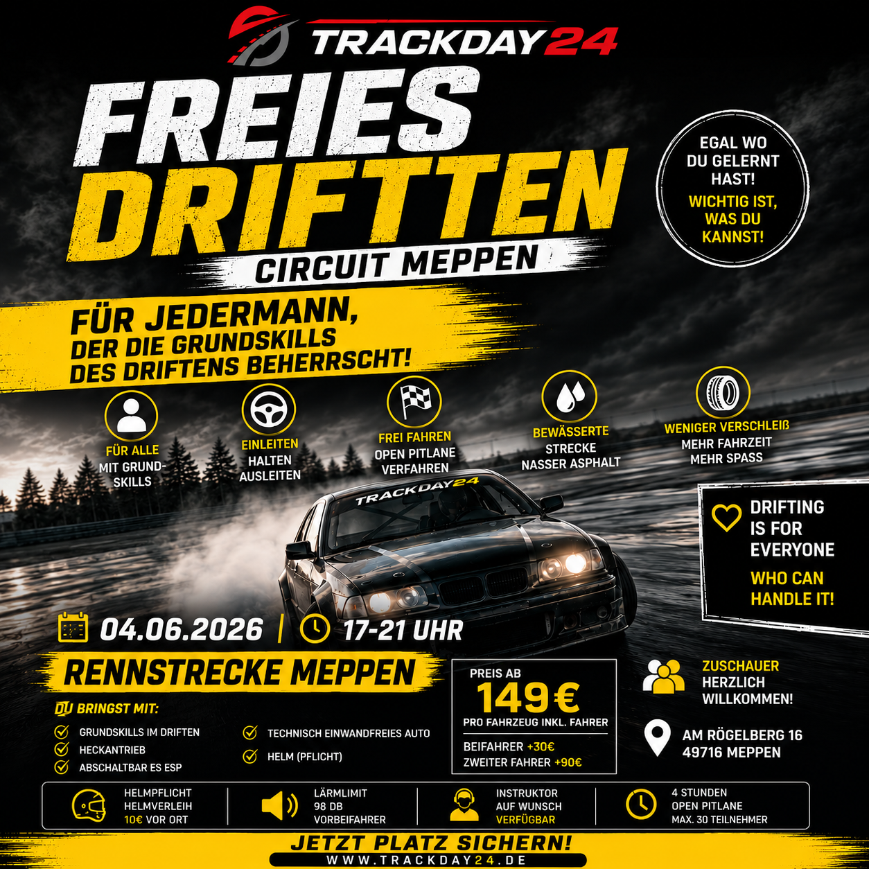 Quadratisches Werbebild für freies Driften in Meppen mit Driftfahrzeug auf bewässerter Rennstrecke im Open Pitlane Format von Trackday24.