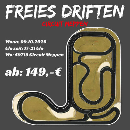 Freies Driften Circuit Meppen am 09.10.2026 – Open Pitlane Event von 17 bis 21 Uhr mit Streckenplan und Preisen ab 149 Euro bei Trackday24